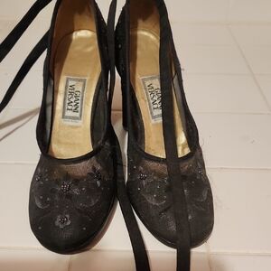 VINTAGE Versace Black Heels with Elegant Lace Overlay ..beaded Design